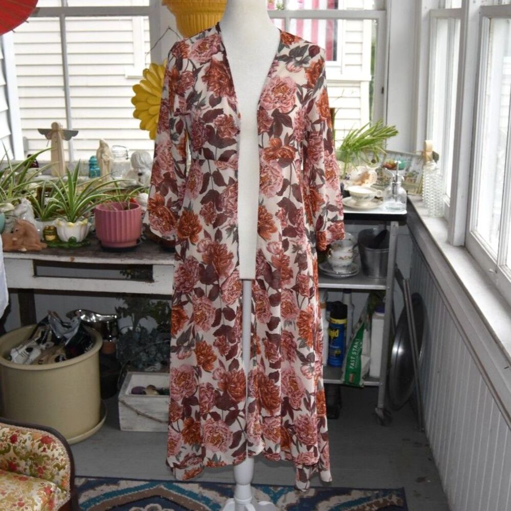 Joyfolie Floral Mesh Maxi Duster Kimono Robe Boho Cottagecore Size Small